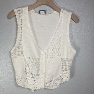 VTG Lajate Crochet Sweater Vest M Cream Ivory Boho Cottage Granny Neutral USA